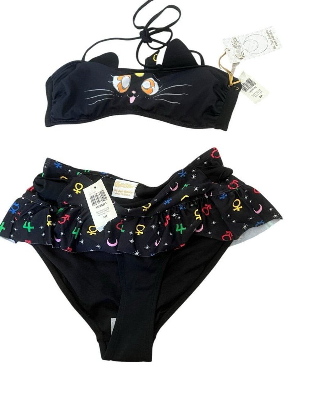 Sailor Moon Swim Set High Waist Bottom Luna Update Print Black Ruffle Size S NWT